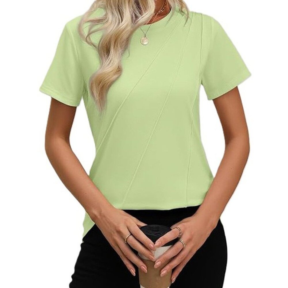 Luxveer Women's Short Sleeve Top Pleated Crewneck T Shirt Light Green 3XL